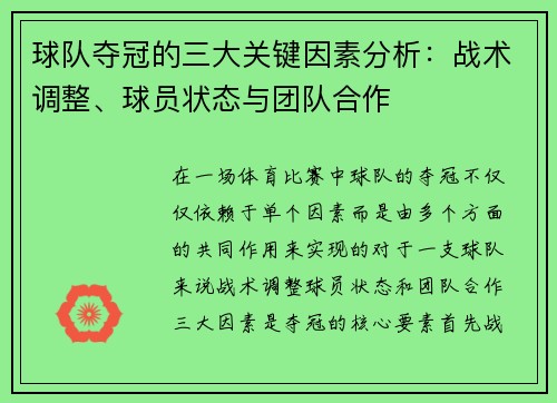 球队夺冠的三大关键因素分析:战术调整、球员状态与团队合作 球队夺冠的三大关键因素分析:战术调整、球员状态与团队合作